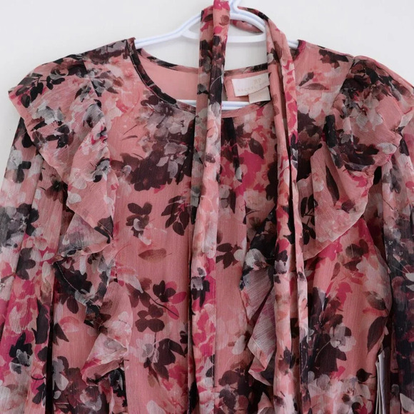 Rachel Parcell Floral Print Ruffle Chiffon  Blouson Maroon Midi Dress 4 - Picture 8 of 14